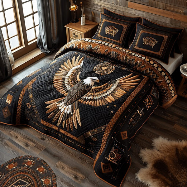 Mystic Eagle quilted 3-piece bedding set on a made bed in a warmly lit bedroom