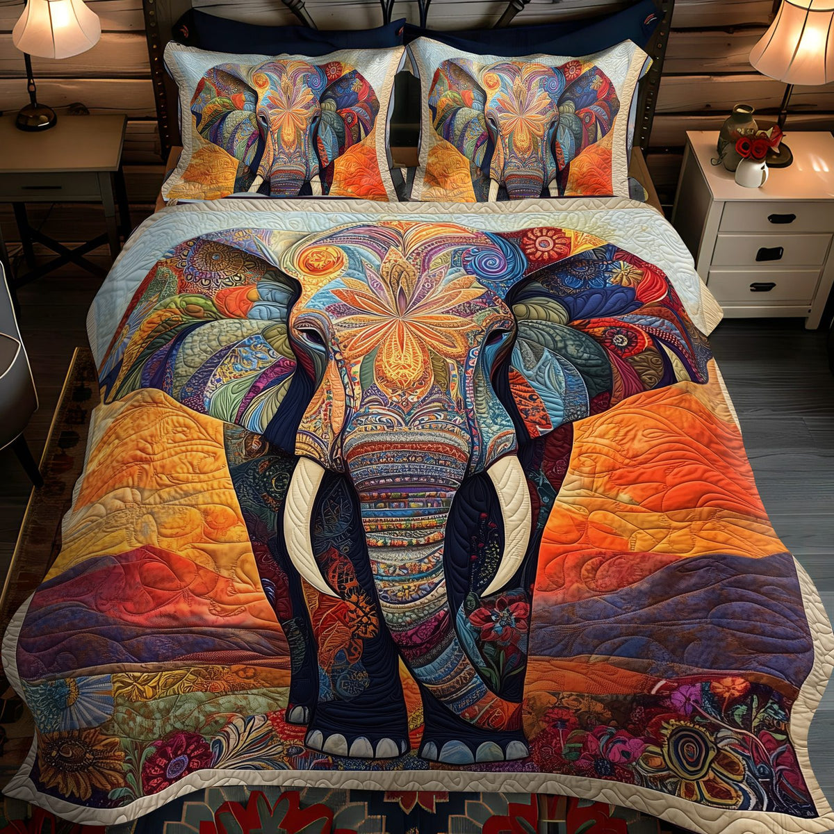 Mystic Elephant quilted 3-piece bedding set on a made bed with two matching pillow shams