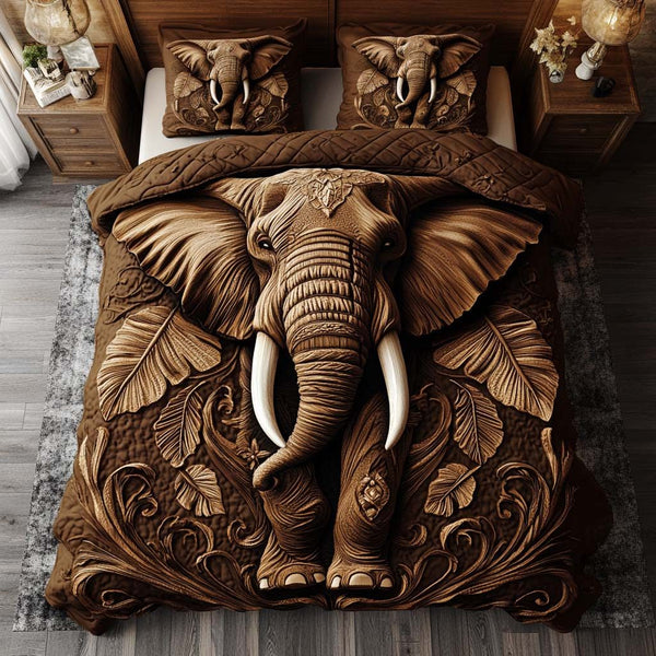 Mystic Elephant quilted 3-piece bedding set on a made bed with two matching pillow shams
