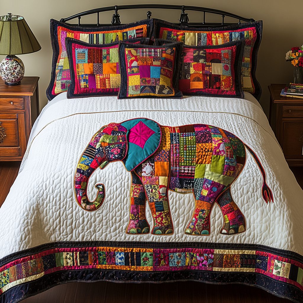 Mystic Elephant quilted 3-piece bedding set on a made bed with two matching pillow shams