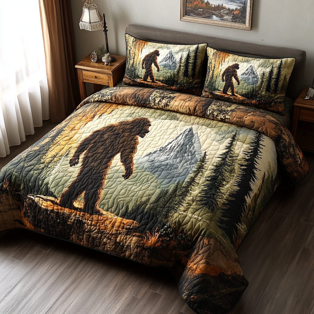 Mystic Encounter quilted 3-piece bedding set on a made bed with two matching pillow shams
