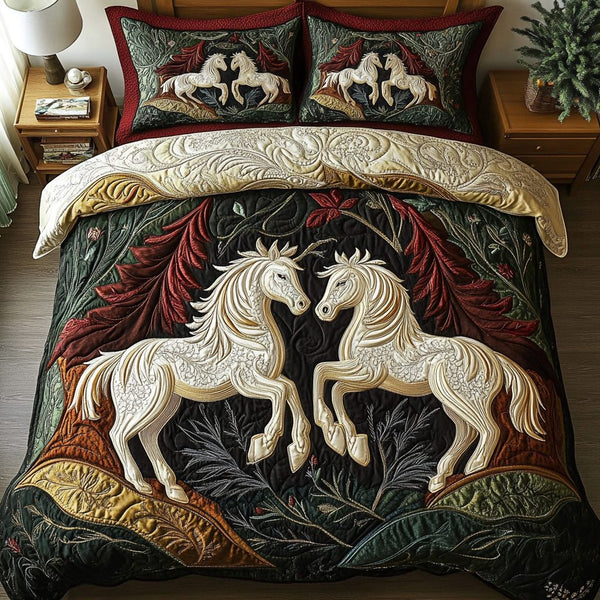 Mystic Equine quilted 3-piece bedding set on a made bed with two matching pillow shams