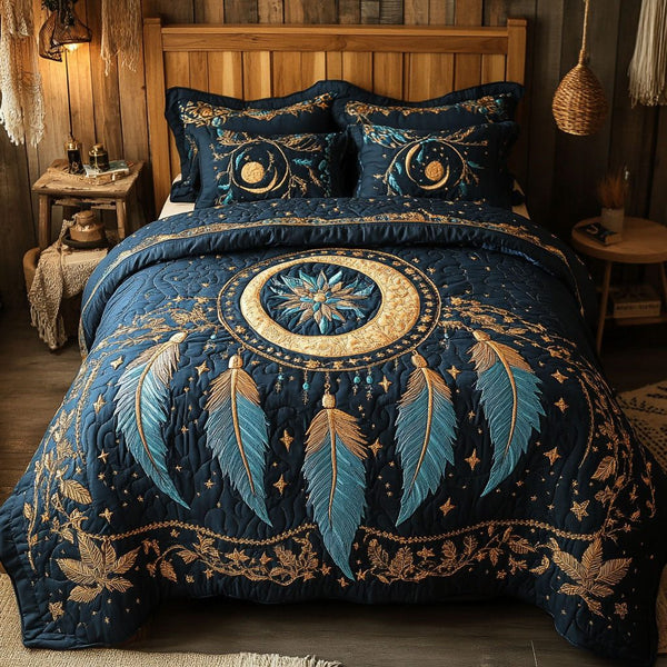 Mystic Feathers quilted 3-piece bedding set on a made bed with two matching pillow shams
