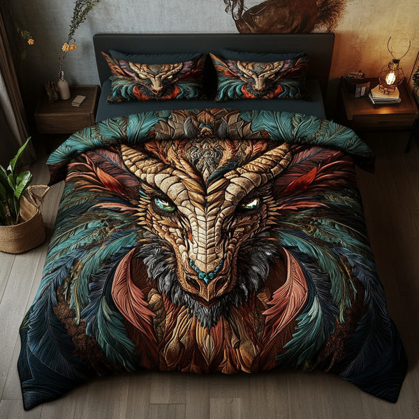 Mystic Fire quilted 3-piece bedding set on a made bed with two matching pillow shams