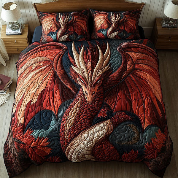 Mystic Flame quilted 3-piece bedding set on a made bed with two matching pillow shams