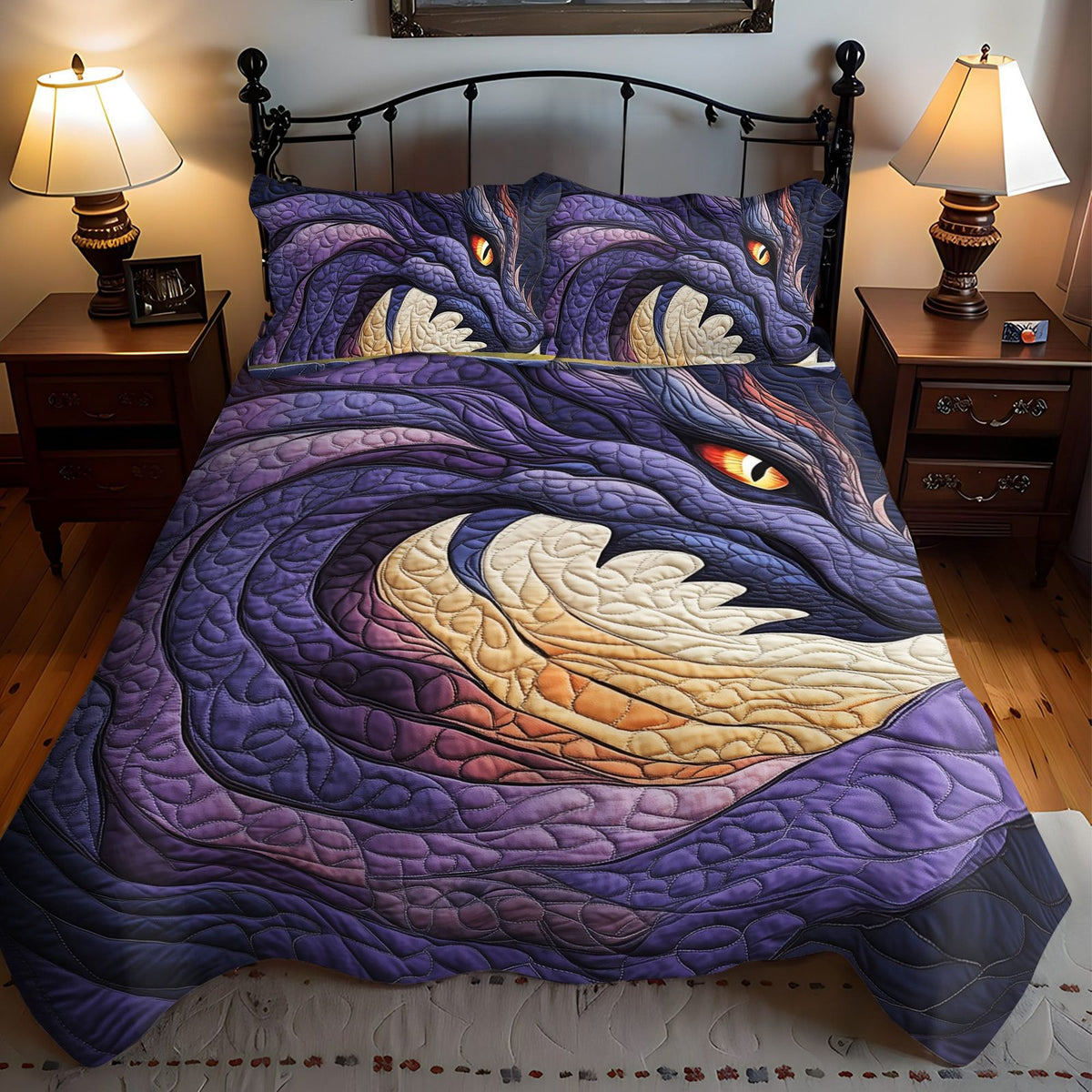 Mystic Flame quilted 3-piece bedding set on a made bed with two matching pillow shams