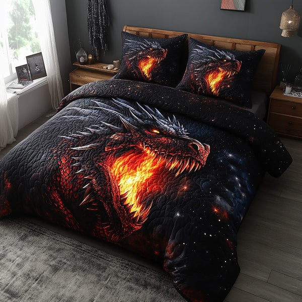 Mystic Flame quilted 3-piece bedding set on a made bed with two matching pillow shams