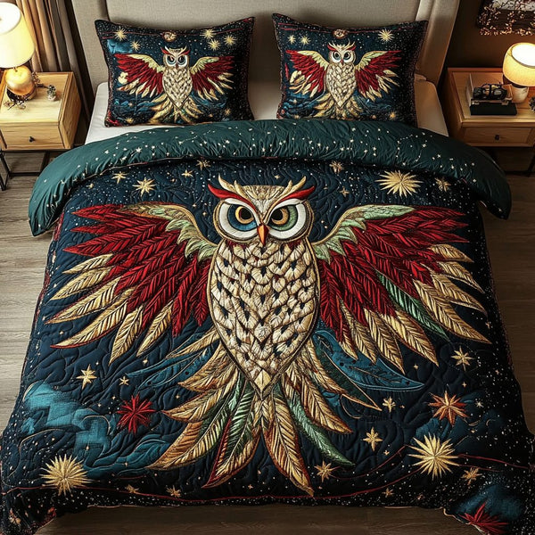 Mystic Flight quilted 3-piece bedding set on a made bed with two matching pillow shams