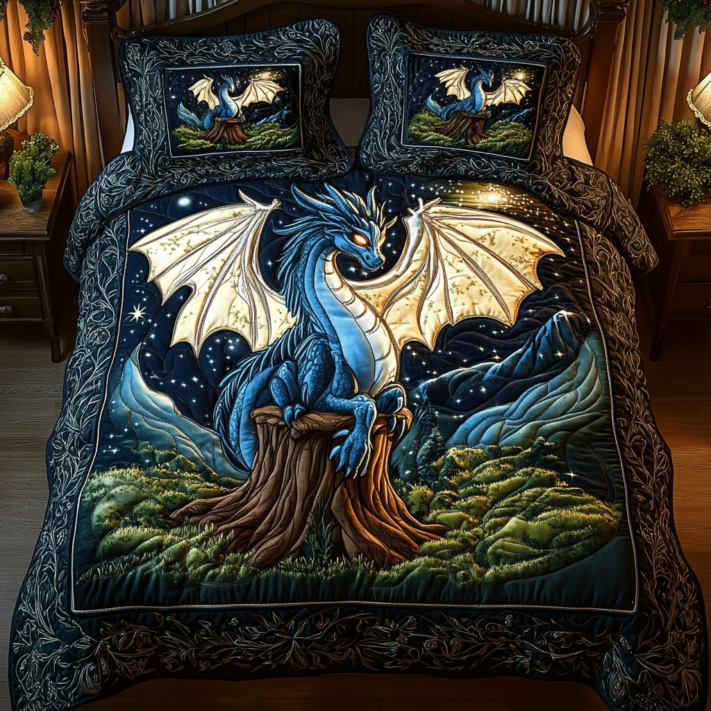 Mystic Flight quilted 3-piece bedding set on a made bed with two matching pillow shams