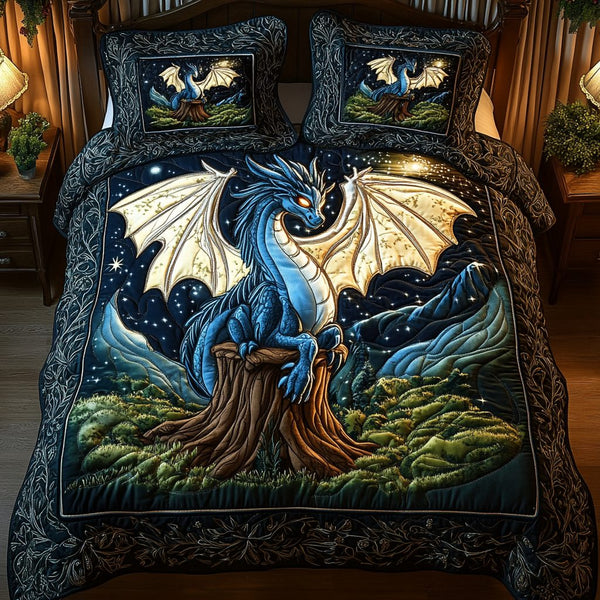 Mystic Flight quilted 3-piece bedding set on a made bed with two matching pillow shams