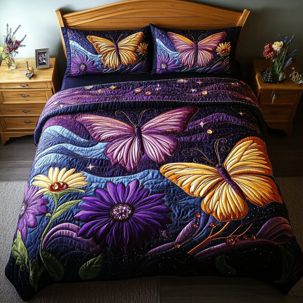 Mystic Flutter quilted 3-piece bedding set on a made bed with two matching pillow shams