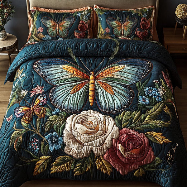 Mystic Flutter quilted 3-piece bedding set on a made bed with two matching pillow shams