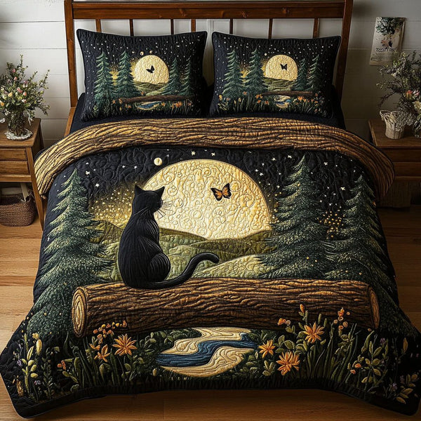 Mystic Forest Cat quilted 3-piece bedding set on a made bed with two matching pillow shams