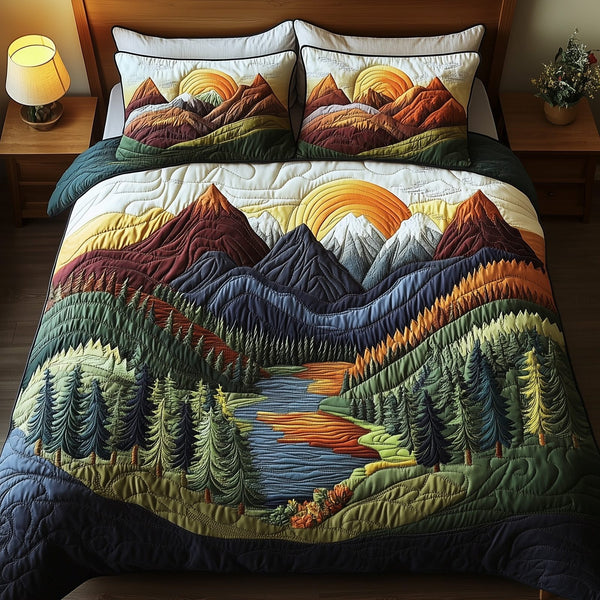 Mystic Forest Dawn quilted 3-piece bedding set on a made bed with two matching pillow shams