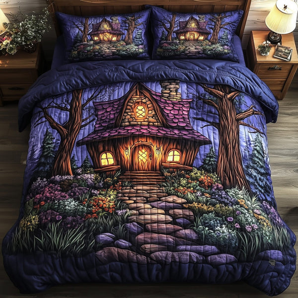 Mystic Forest Hut quilted 3-piece bedding set on a made bed with two matching pillow shams