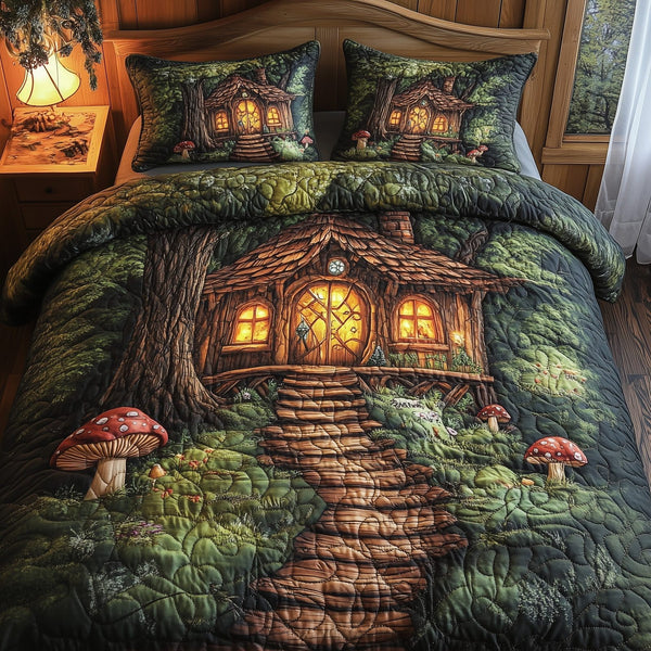 Mystic Forest Hut quilted 3-piece bedding set on a made bed with two matching pillow shams