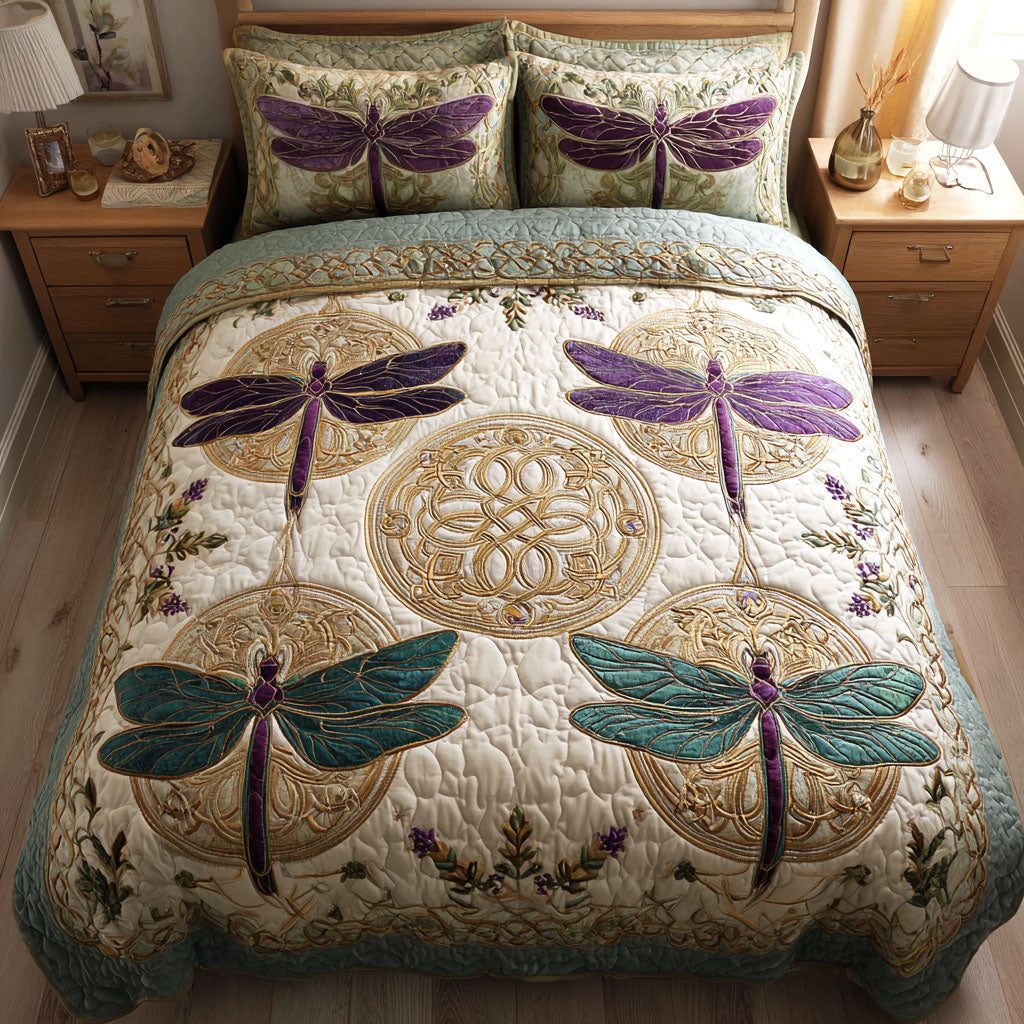 Mystic Garden quilted 3-piece bedding set on a made bed with two matching pillow shams