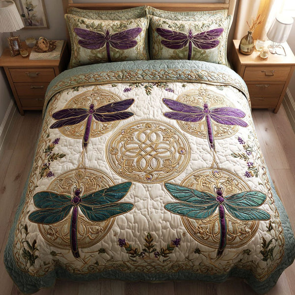 Mystic Garden quilted 3-piece bedding set on a made bed with two matching pillow shams
