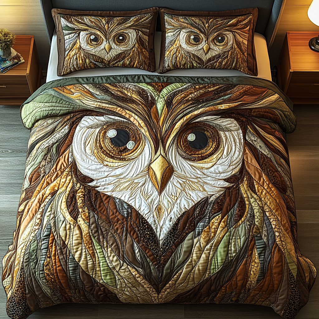 Mystic Gaze quilted 3-piece bedding set on a made bed with two matching pillow shams