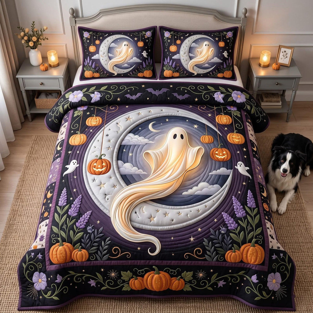Mystic Ghost quilted 3-piece bedding set on a made bed against a dark styled interior