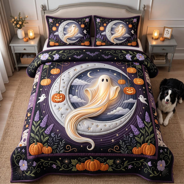 Mystic Ghost quilted 3-piece bedding set on a made bed against a dark styled interior