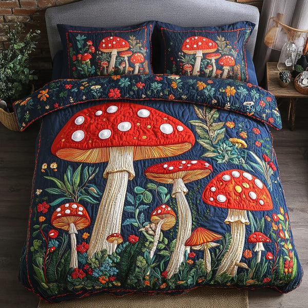 Mystic Grove quilted 3-piece bedding set on a made bed with two matching pillow shams