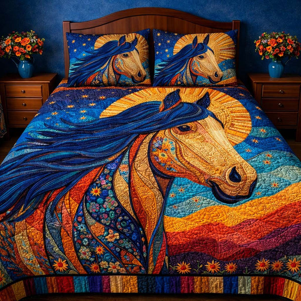 Mystic Halo Horse quilted 3-piece bedding set on a made bed in a rustic timber bedroom