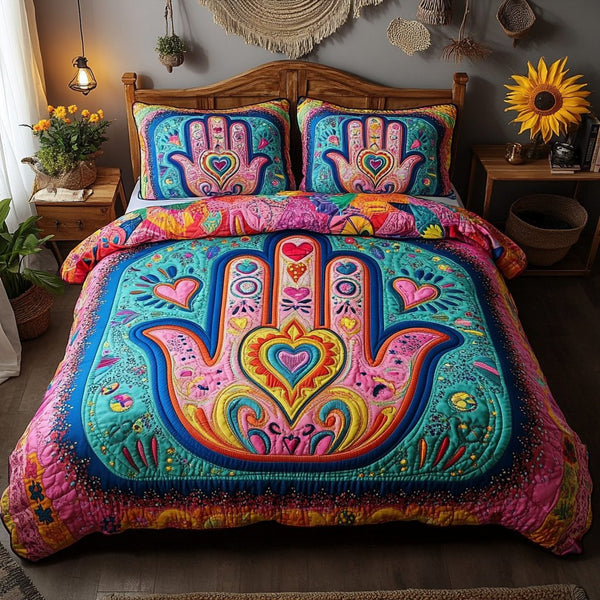 Mystic Hand quilted 3-piece bedding set on a made bed with two matching pillow shams
