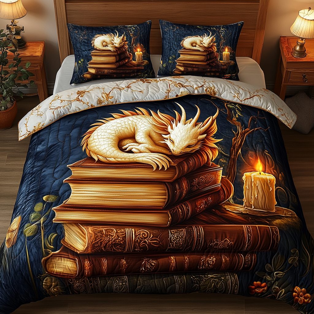 Mystic Hoarder quilted 3-piece bedding set on a made bed with two matching pillow shams