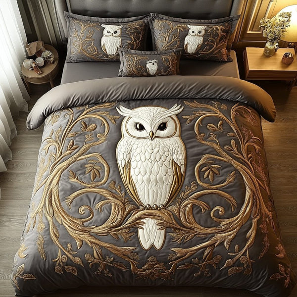 Mystic Hoot quilted 3-piece bedding set on a made bed with two matching pillow shams