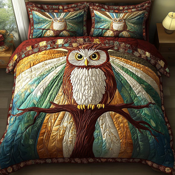 Mystic Hoot quilted 3-piece bedding set on a made bed with two matching pillow shams