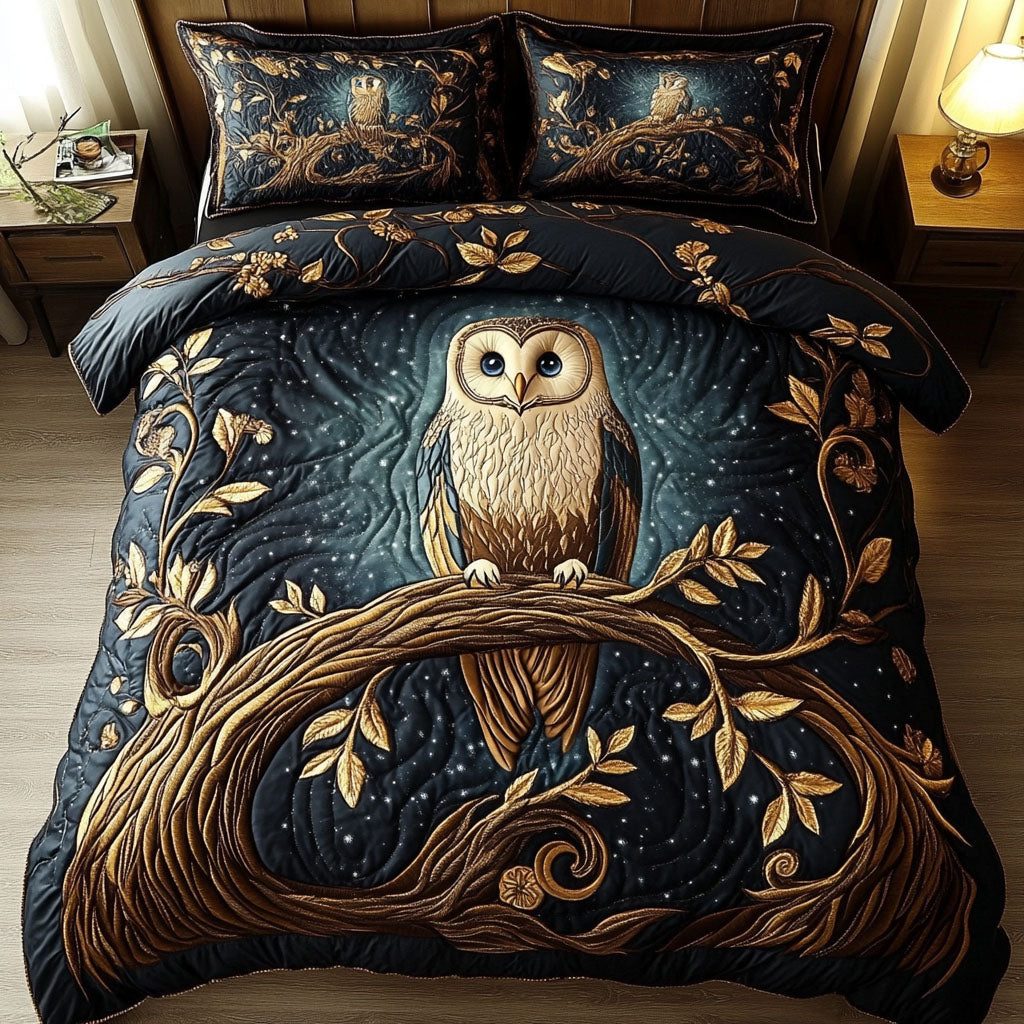 Mystic Hoot quilted 3-piece bedding set on a made bed with two matching pillow shams