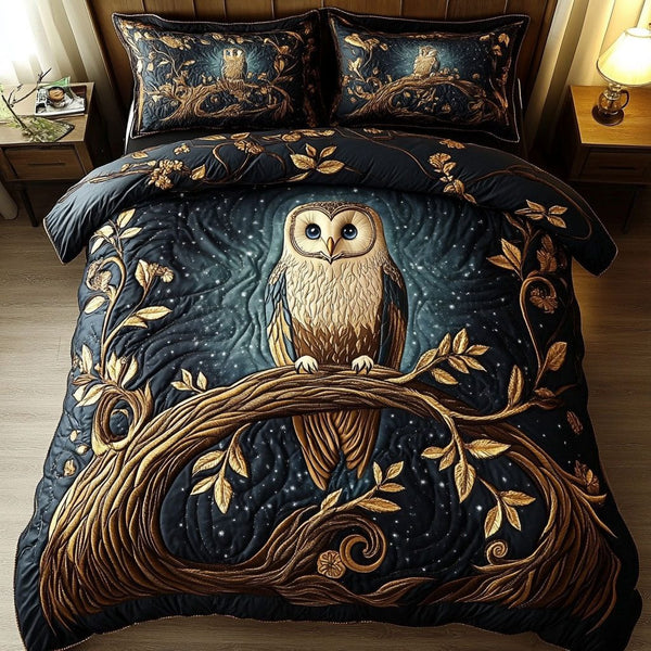 Mystic Hoot quilted 3-piece bedding set on a made bed with two matching pillow shams