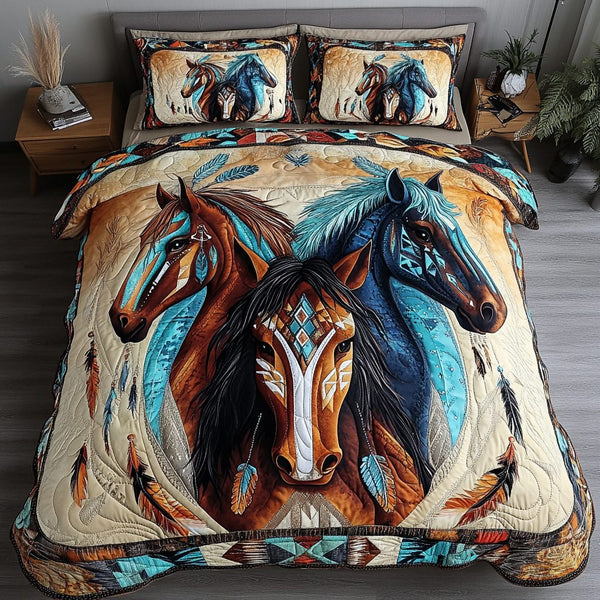 Mystic Horse quilted 3-piece bedding set on a made bed in a rustic timber bedroom
