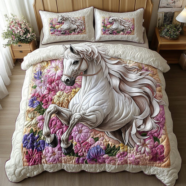 Mystic Horse quilted 3-piece bedding set on a made bed in a rustic timber bedroom
