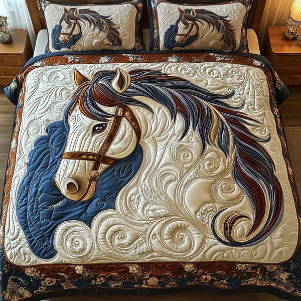 Mystic Horse quilted 3-piece bedding set on a made bed in a rustic timber bedroom