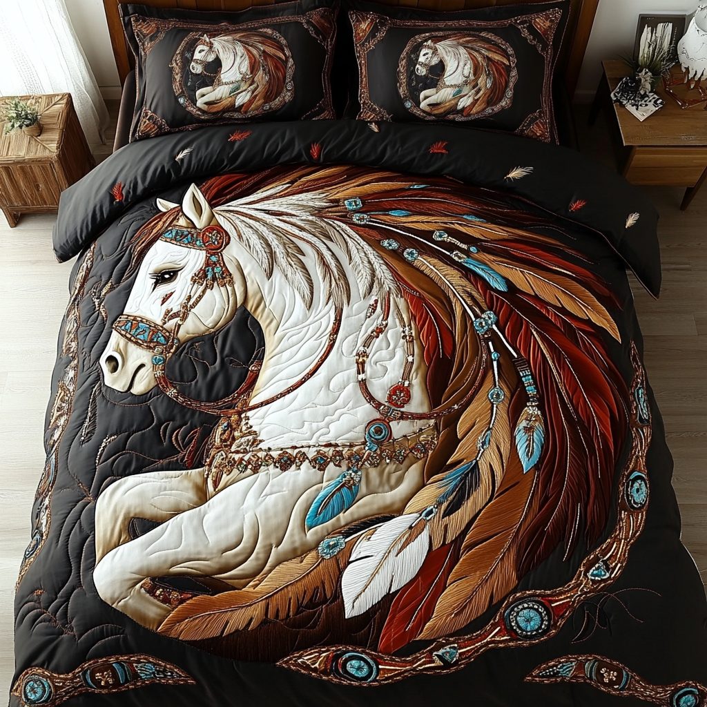 Mystic Horse quilted 3-piece bedding set on a made bed in a rustic timber bedroom
