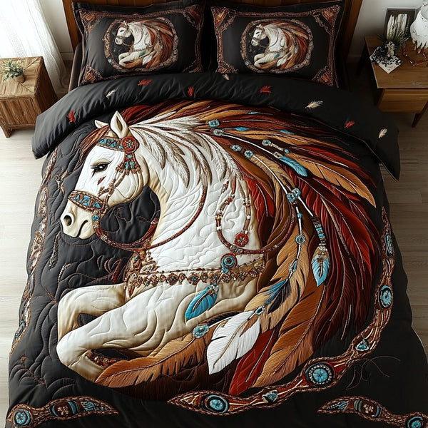 Mystic Horse quilted 3-piece bedding set on a made bed in a rustic timber bedroom