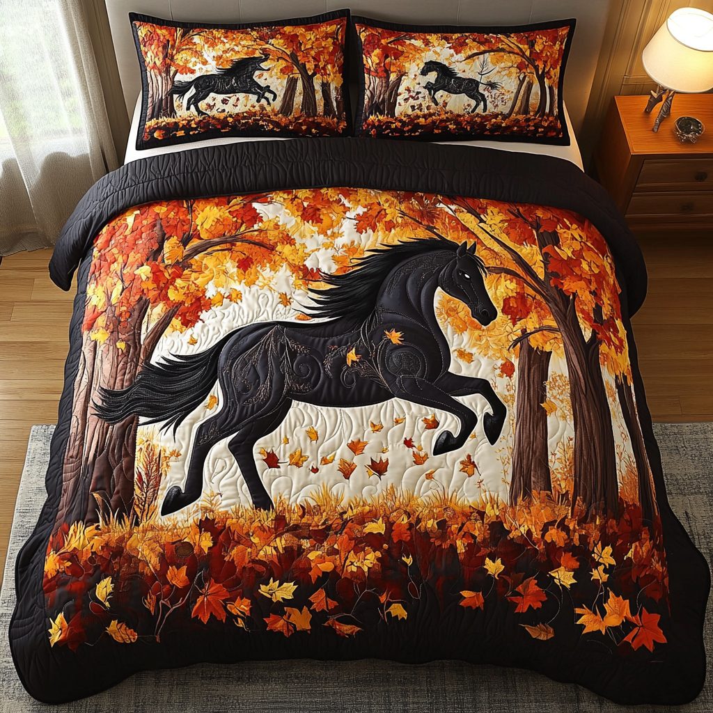 Mystic Horse quilted 3-piece bedding set on a made bed in a rustic timber bedroom