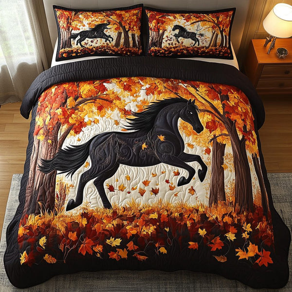 Mystic Horse quilted 3-piece bedding set on a made bed in a rustic timber bedroom