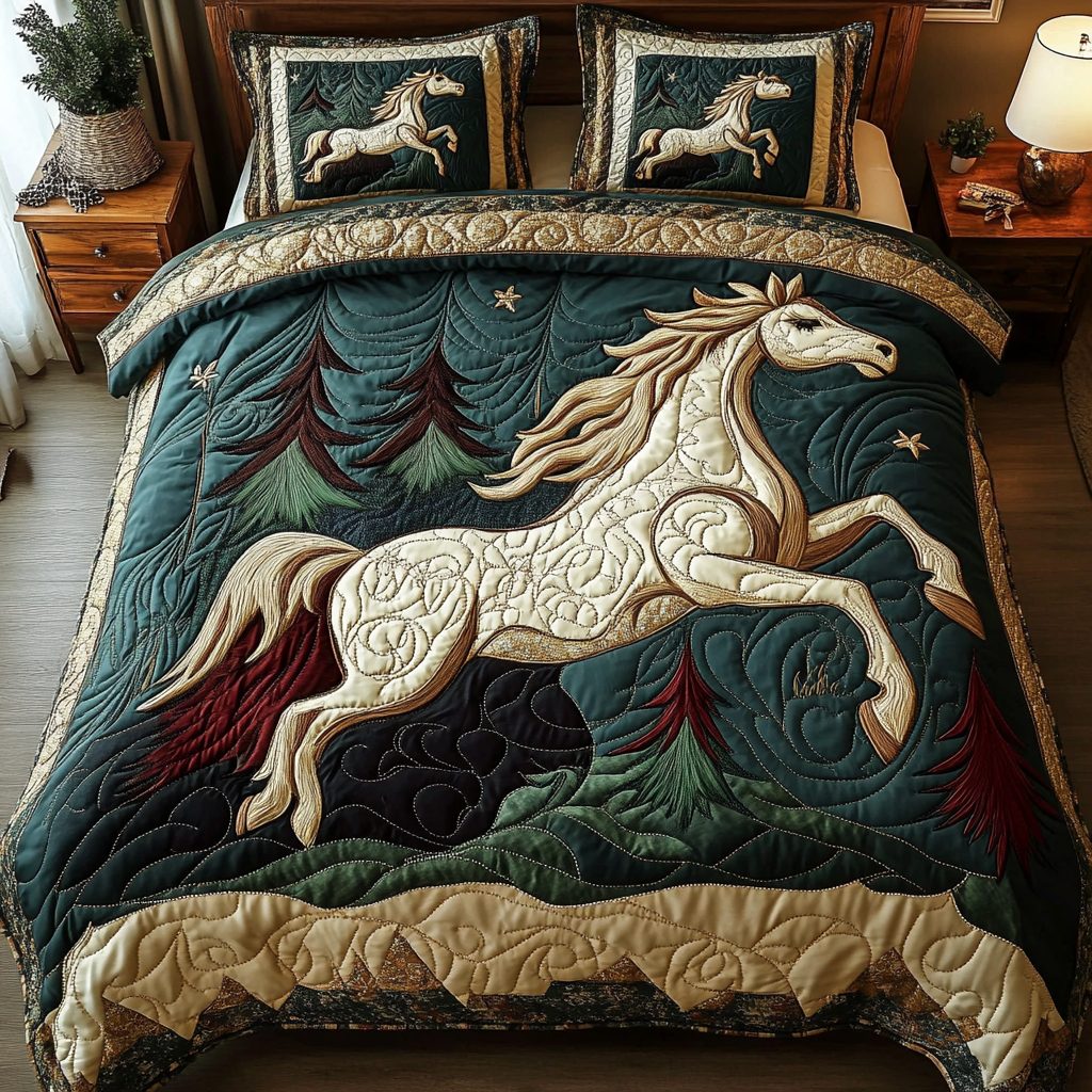 Mystic Horse quilted 3-piece bedding set on a made bed in a rustic timber bedroom