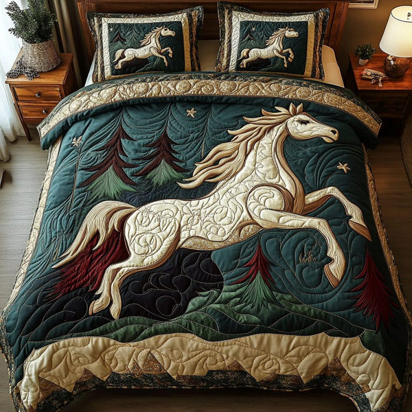 Mystic Horse quilted 3-piece bedding set on a made bed in a rustic timber bedroom