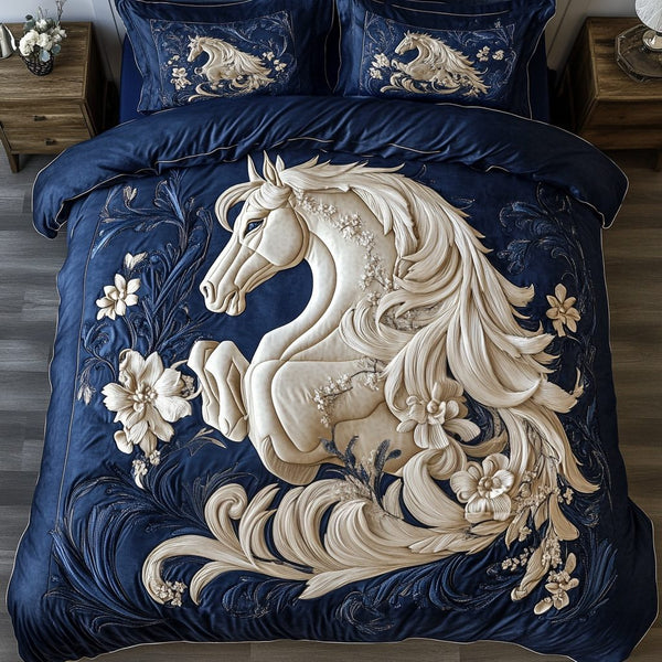 Mystic Horse quilted 3-piece bedding set on a made bed in a rustic timber bedroom
