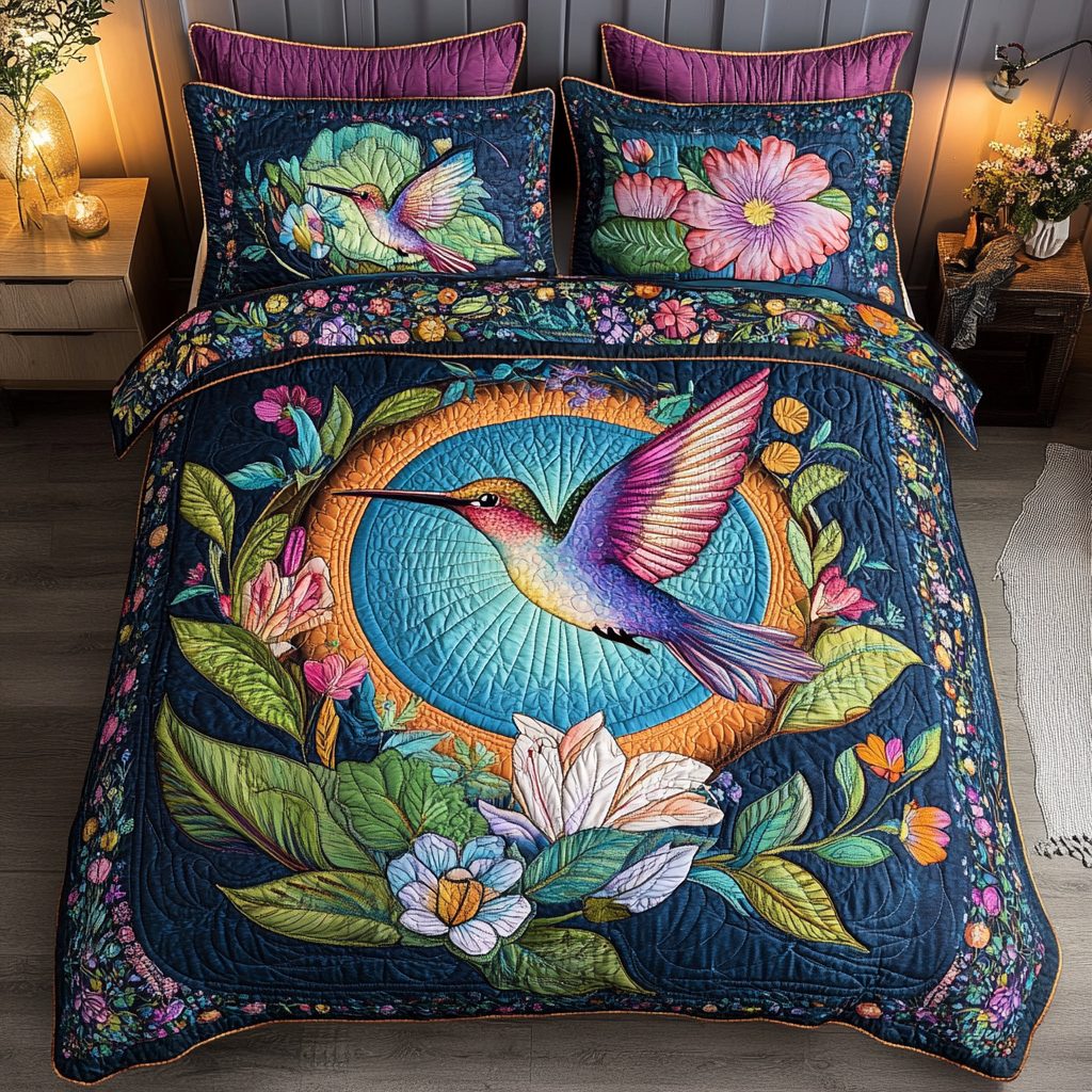Mystic Hummingbird quilted 3-piece bedding set on a made bed with two matching pillow shams