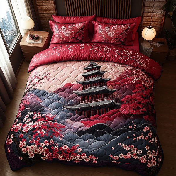 Mystic Japanese Pagoda quilted 3-piece bedding set on a made bed with two matching pillow shams
