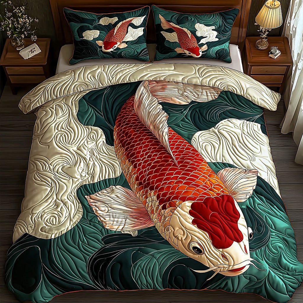 Mystic Koi quilted 3-piece bedding set on a made bed with two matching pillow shams