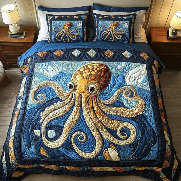 Mystic Kraken quilted 3-piece bedding set on a made bed with two matching pillow shams