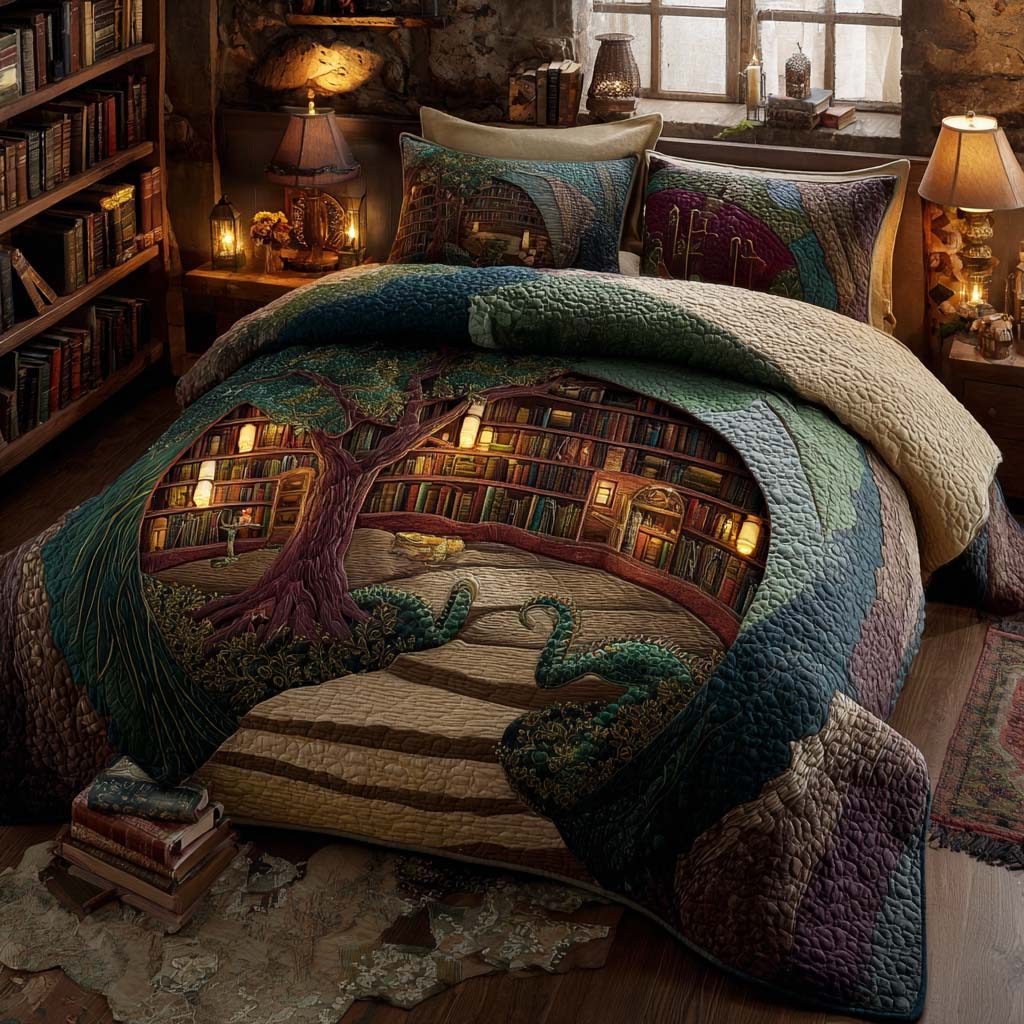 Mystic Library Den quilted 3-piece bedding set on a made bed with two matching pillow shams