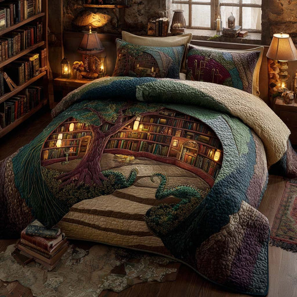 Mystic Library Den quilted 3-piece bedding set on a made bed with two matching pillow shams