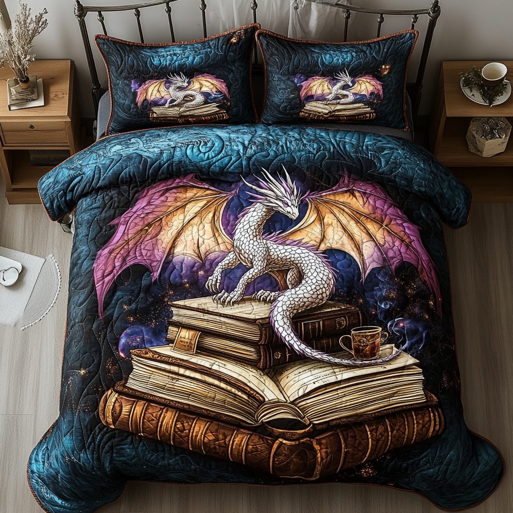 Mystic Library Dragon quilted 3-piece bedding set on a made bed with two matching pillow shams